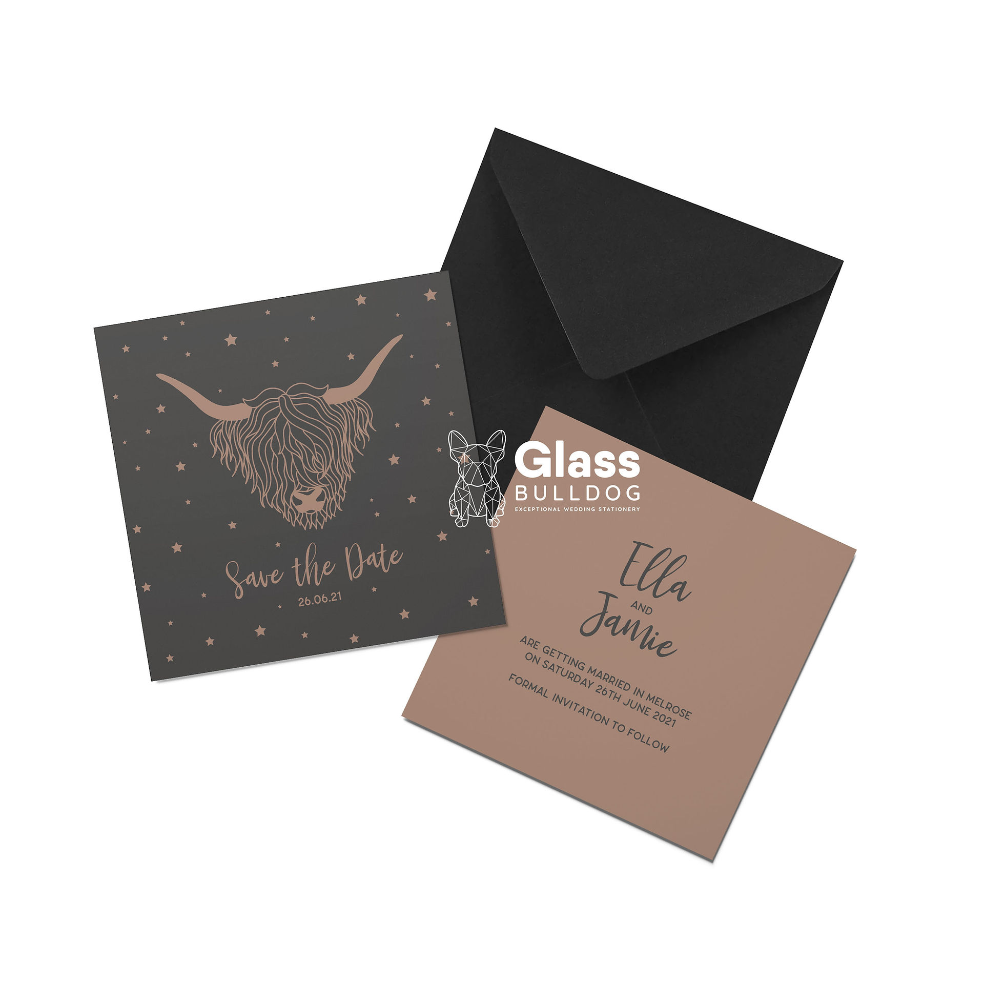 Bespoke highland cow themed wedding invitation with line drawing of wedding venue