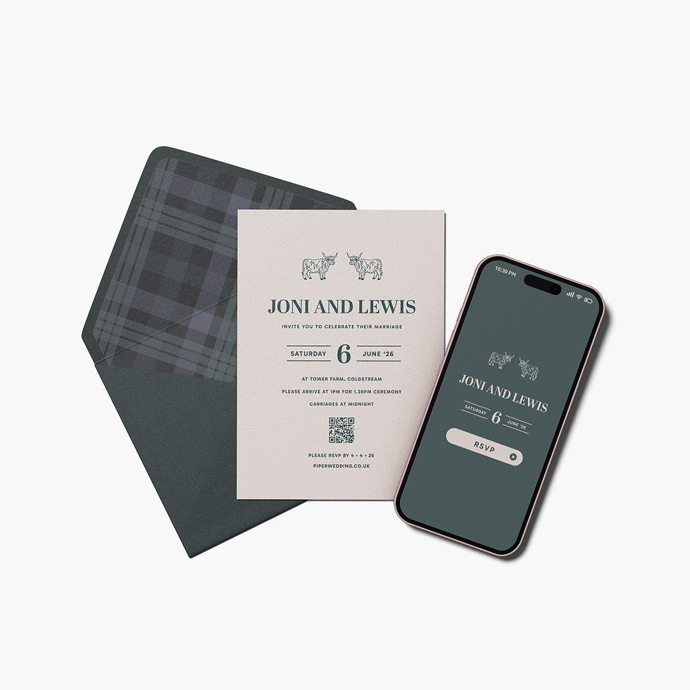 Highland Cow Wedding invitation and tartan envelope