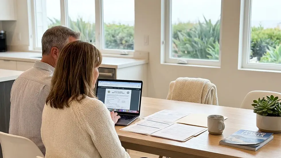 La Jolla property owner reviewing short term rental management compliance documents with a professional manager