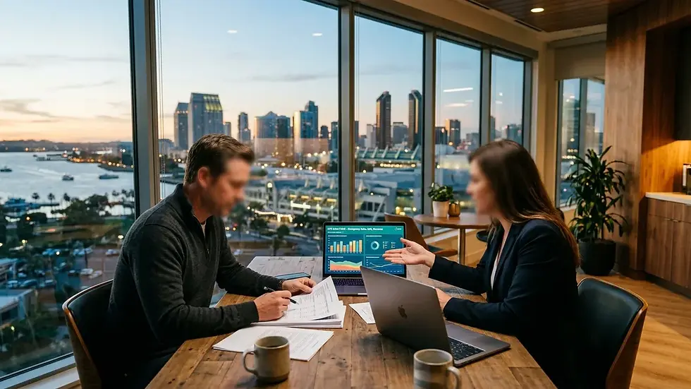 Property manager reviewing co-hosting vs self management ROI data with San Diego rental owner