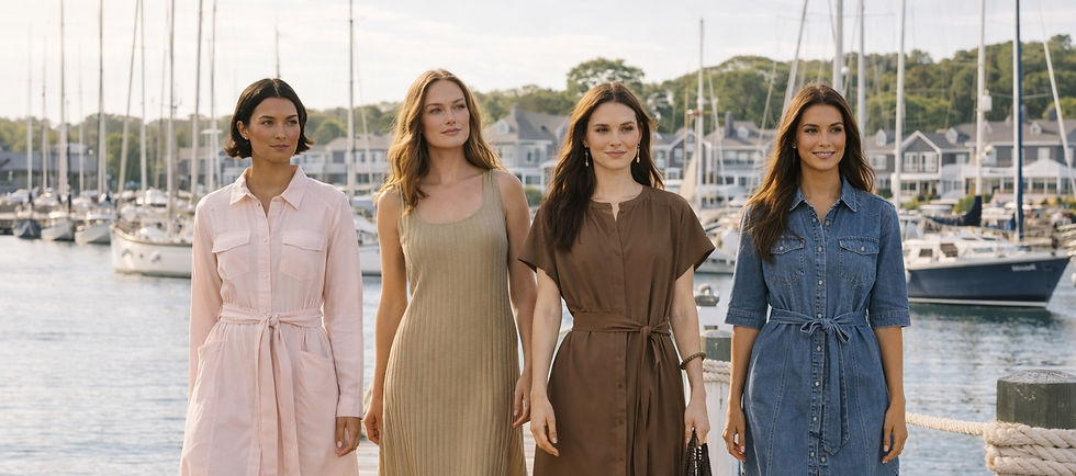 Four stylish women walk side by side along a wooden dock in a New England harbor on a sunny day. One wears a pale pink belted shirt dress with sandals, another wears a ribbed beige sleeveless midi dress, the third wears a chocolate brown belted midi dress with a woven fringe bag, and the fourth wears a denim shirt dress with black strappy sandals. Sailboats, waterfront homes, calm water, and marina ropes create a classic coastal New England backdrop.
