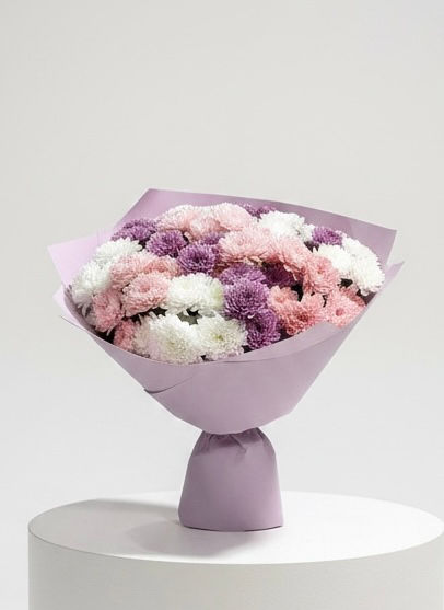 Pink chrysanthemums hand-wrapped bouquet