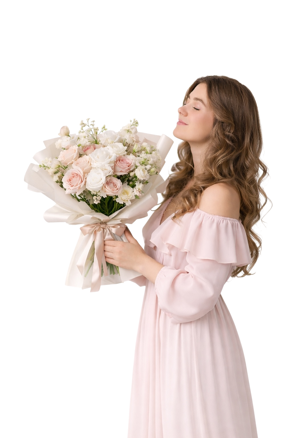 Elegant woman holding pastel bouquet