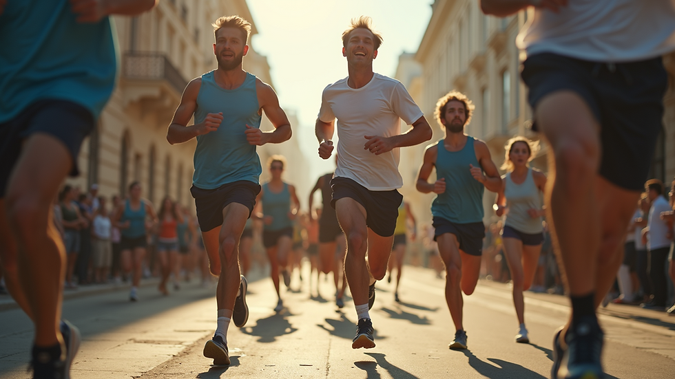 High angle view of a running group in motion
