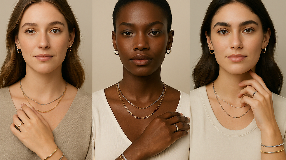 Three women of different skin tones wearing mixed-metal jewelry, showing how gold and silver work across warm, cool, and neutral undertones.
