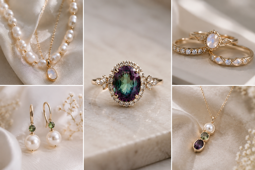 Luxury June birthstone jewelry collage featuring pearl, moonstone and alexandrite rings, necklace and earrings