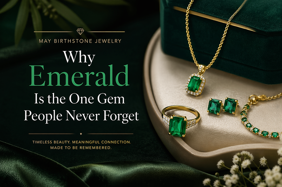Elegant May birthstone jewelry featuring emerald ring, pendant, and earrings in gold setting on a luxury background