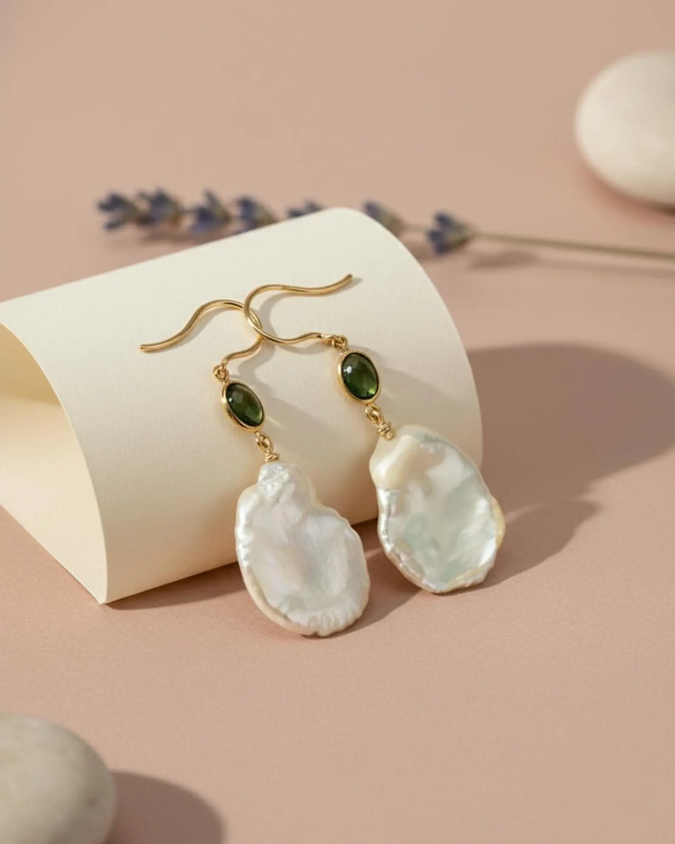 Natural pearl and green tourmaline drop earring