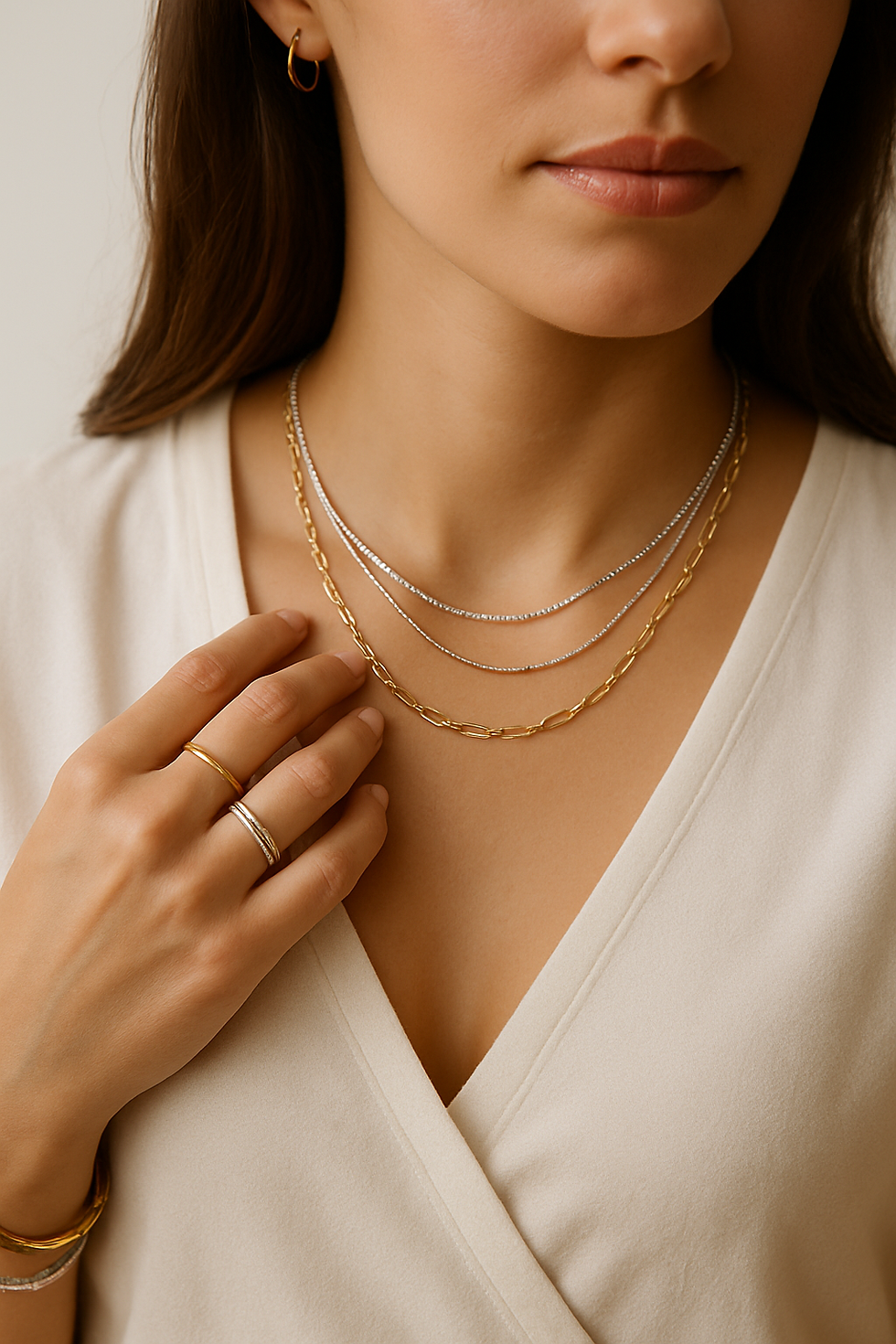 Woman wearing layered gold and silver jewelry for mixing metals look