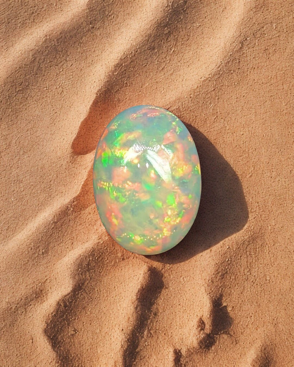 Oval cabochon gemstone with bright pinfire