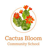 Logo for Cactus Bloom Community School with green cactus plants that have red cactus flowers blossoming