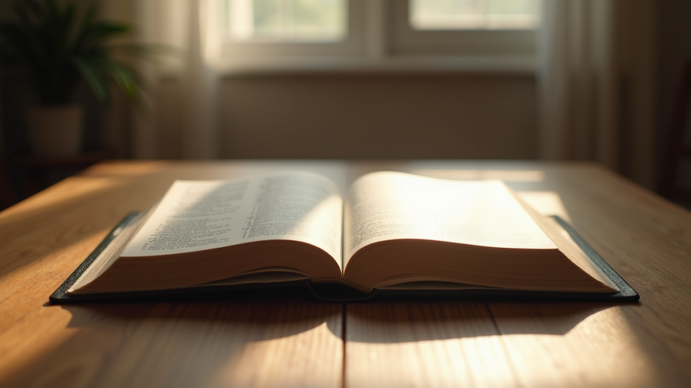 Eye-level view of an open Bible on a wooden table with soft natural light