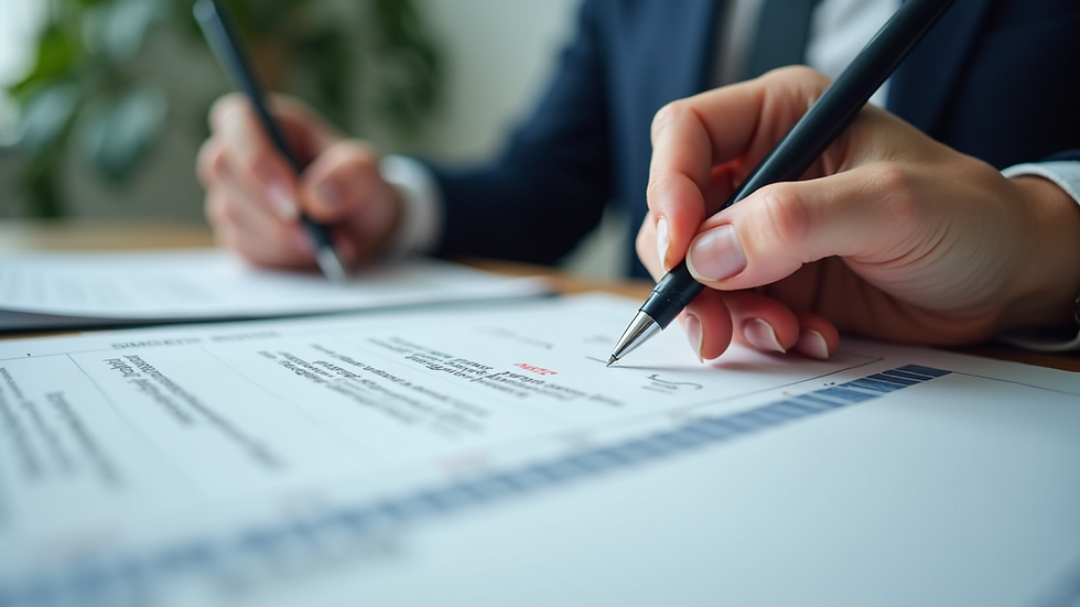 Eye-level view of a person reviewing documents with a pen