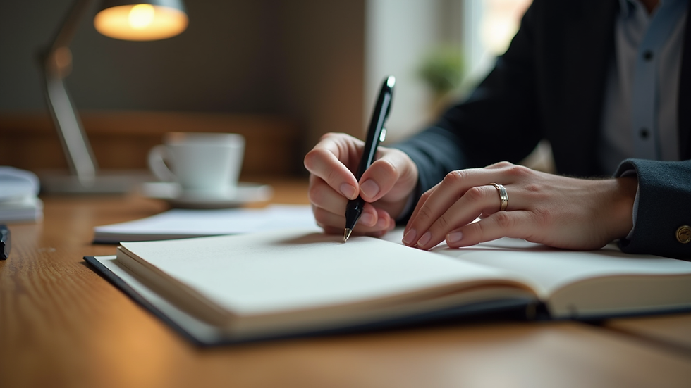 Eye-level view of a person writing notes in a journal on a wooden desk