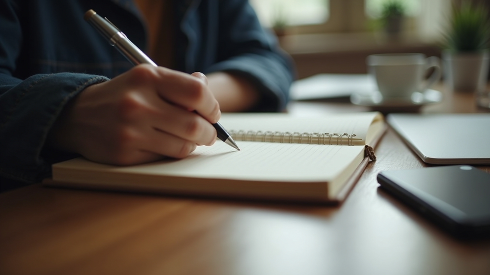Close-up view of a person writing in a journal