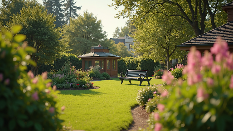 Wide angle view of a peaceful community garden