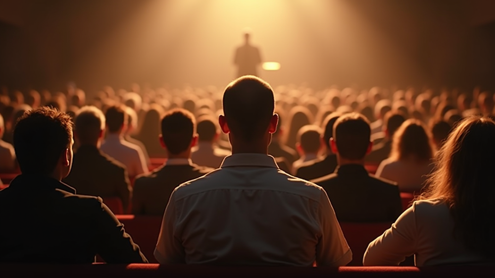 Eye-level view of a speaker addressing an audience in a spiritual seminar