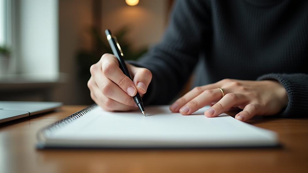 Eye-level view of a person writing in a journal with a pen