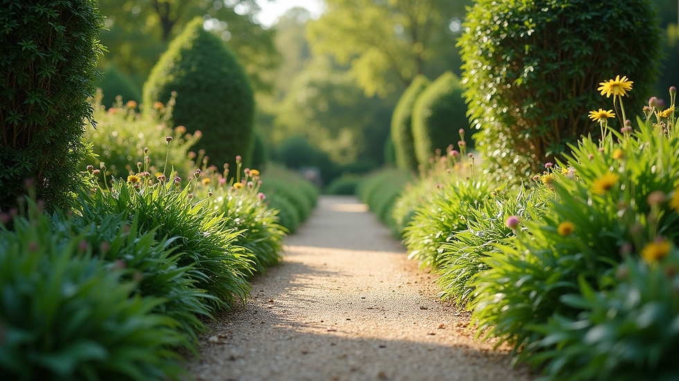 High angle view of a peaceful garden path surrounded by greenery