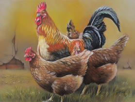 Kerstin Birk Cockerel and his three hens 36x26cm.jpeg