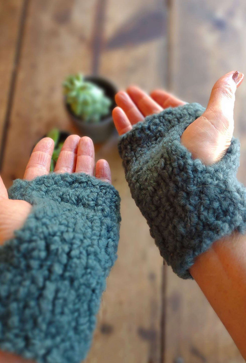 Thumbnail:  'Teal Boucle' Fingerless Gloves, Merino Wool Boucle