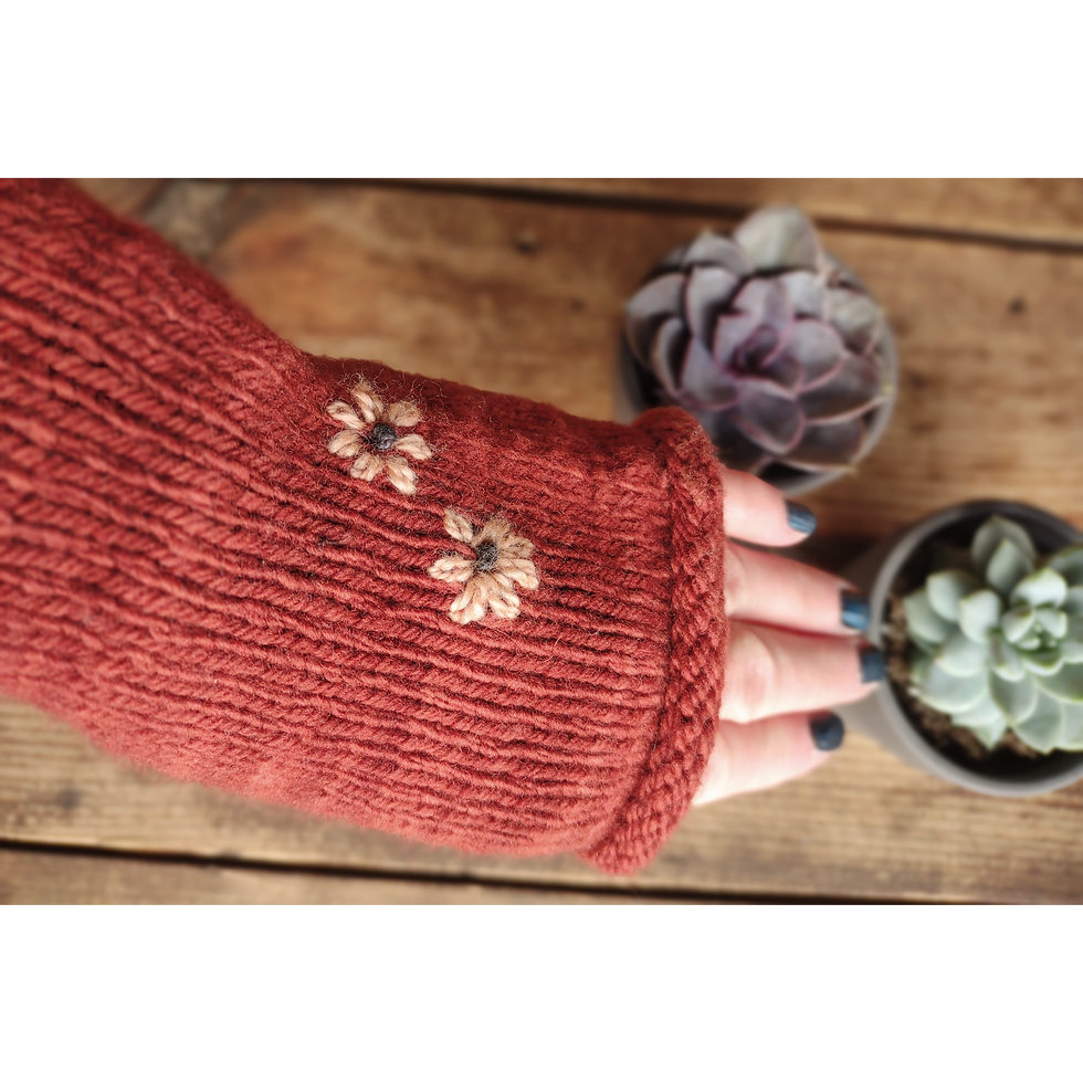 Thumbnail: 'Dark Sienna' Fingerless Gloves, Montana Rambouillet Wool & Embroidered Flowers
