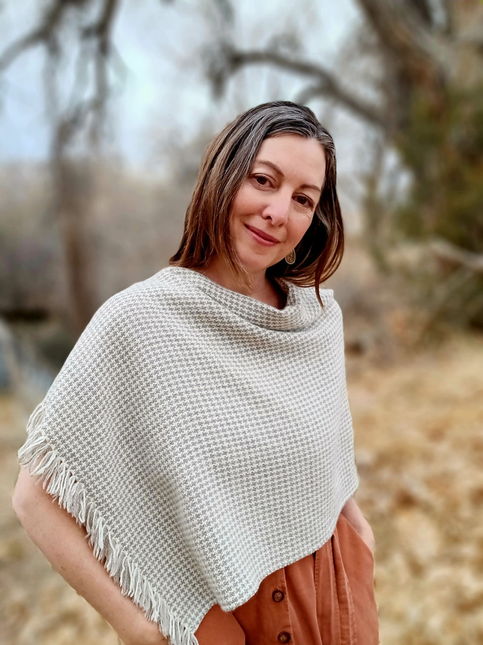Thumbnail: 'Ivory & Mushroom' Houndstooth Poncho, Merino Wool & Silk
