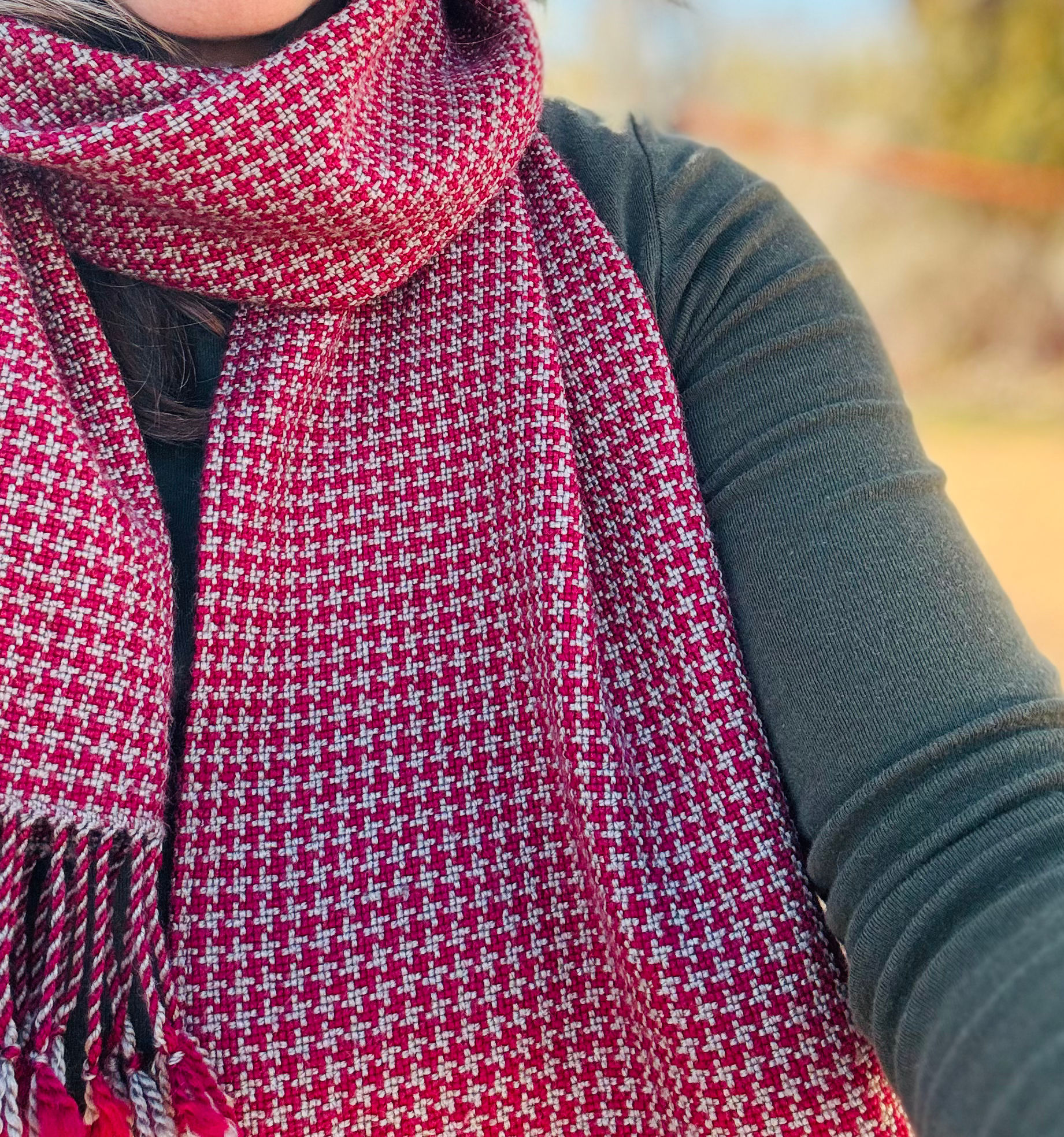 Raspberry & Steel Houndstooth Scarf, Merino & Silk