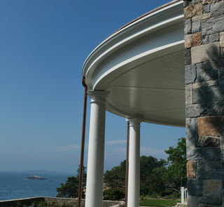 OG-5 historic gutter on coastal shingle style home with curved porch