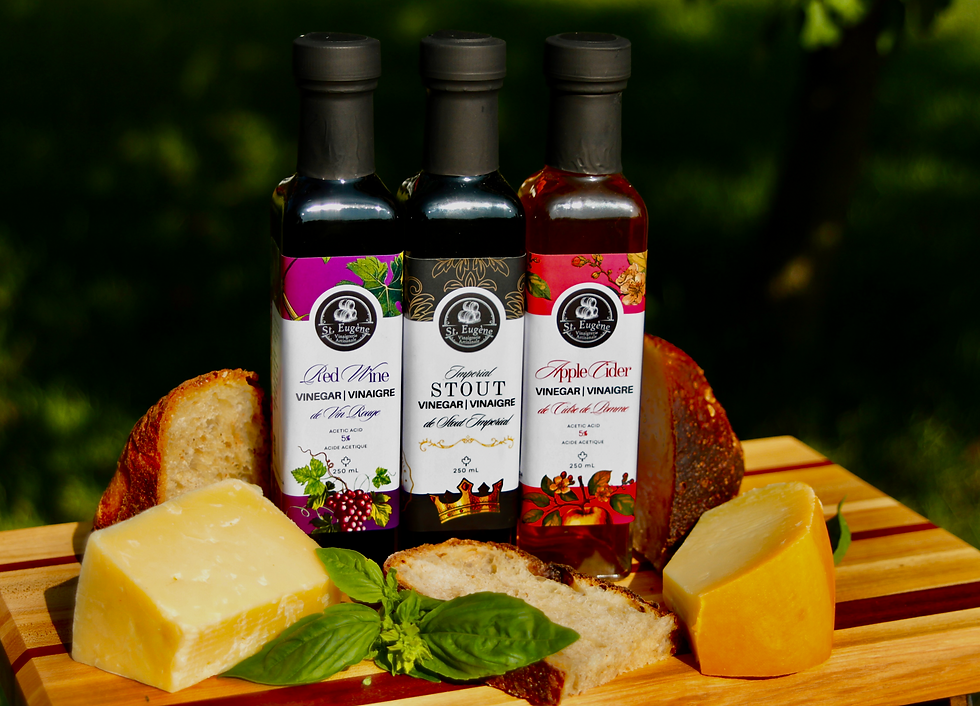 Three vinegar bottles (Red Wine, Stout, and Apple Cider) with cheese, bread, and basil on a wooden board outdoors in sunlight.