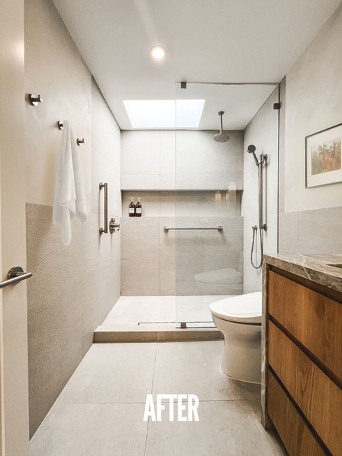 After photo of a remodeled La Jolla bathroom featuring a walk-in shower, large format tile, glass enclosure, updated fixtures, and a skylight.