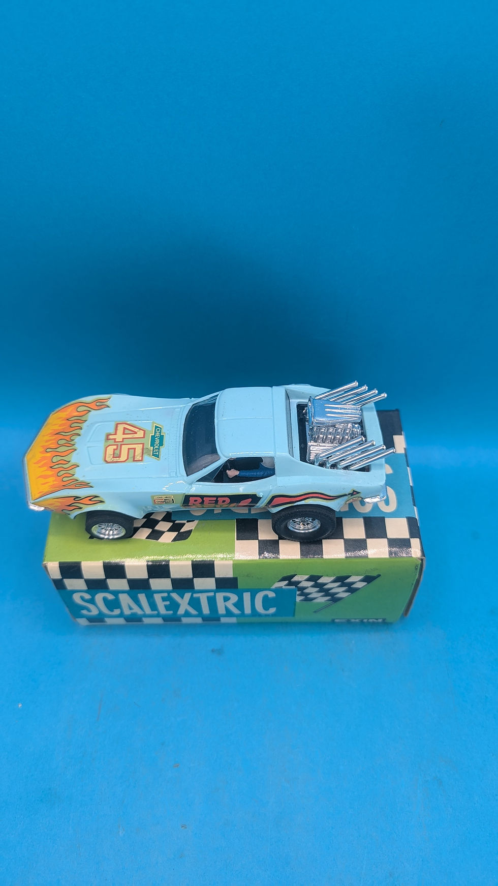 Thumbnail: Scalextric 4050 Chevrolet Corvette "Dragster" in Light Blue, New Old Spanish