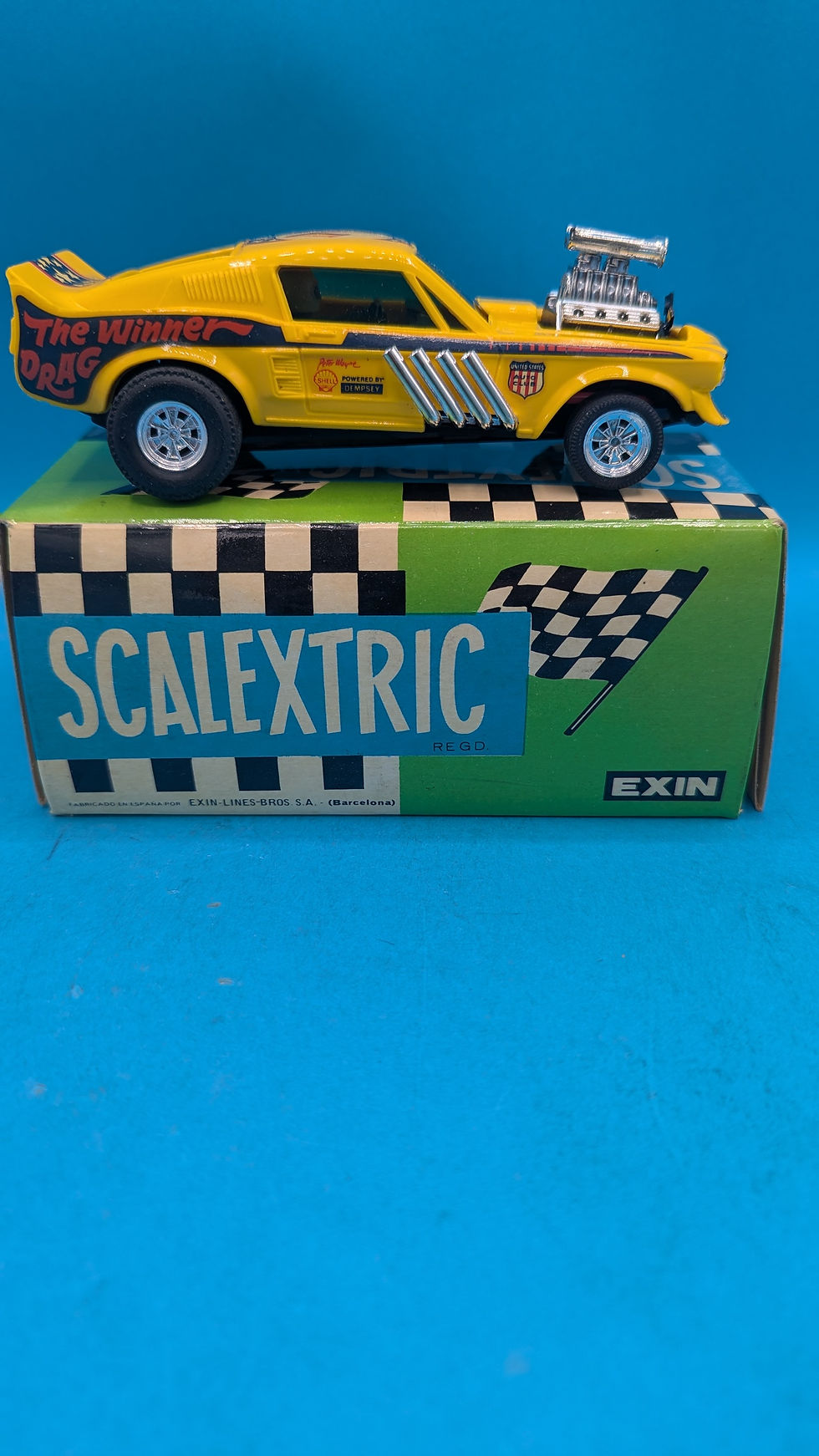 Thumbnail: Scalextric 4049 Ford Mustang "Dragster" in Yellow, New Old Spanish shop stock