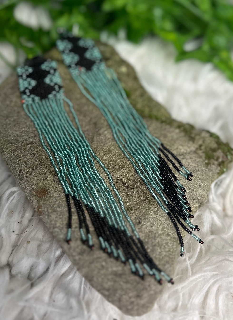 Thumbnail: turquoise long beaded yawanawa earrings detail view