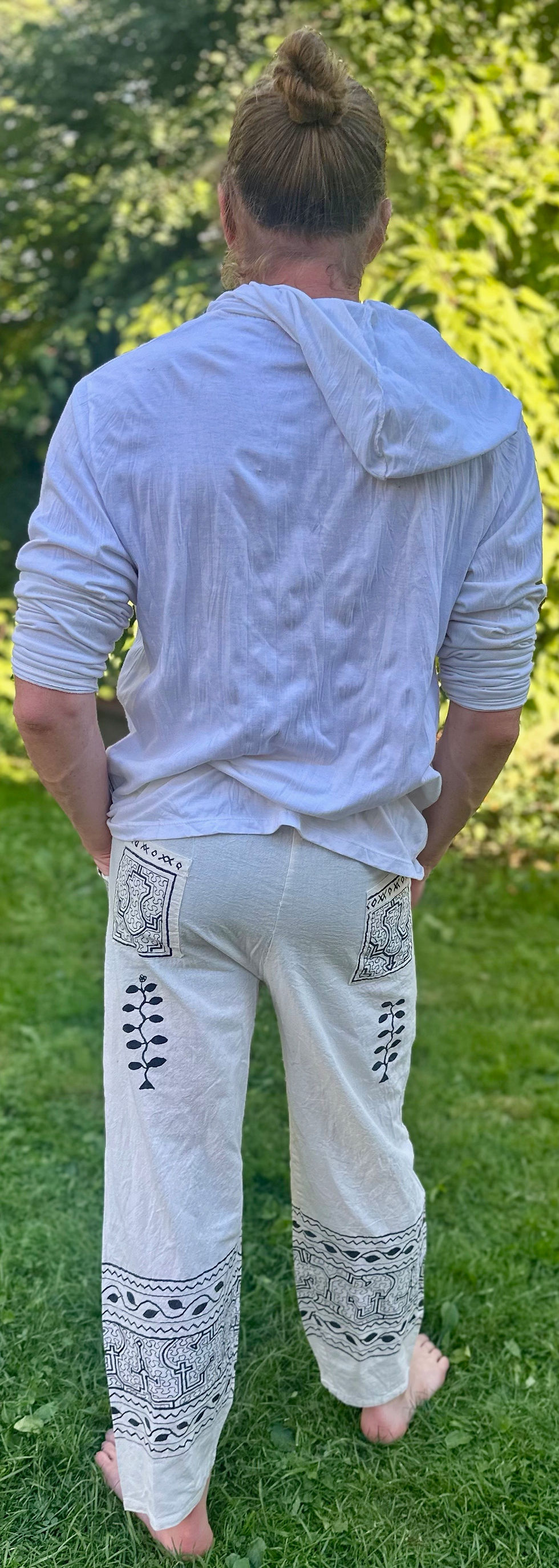 Thumbnail: Hand painted Shipibo pants top back view