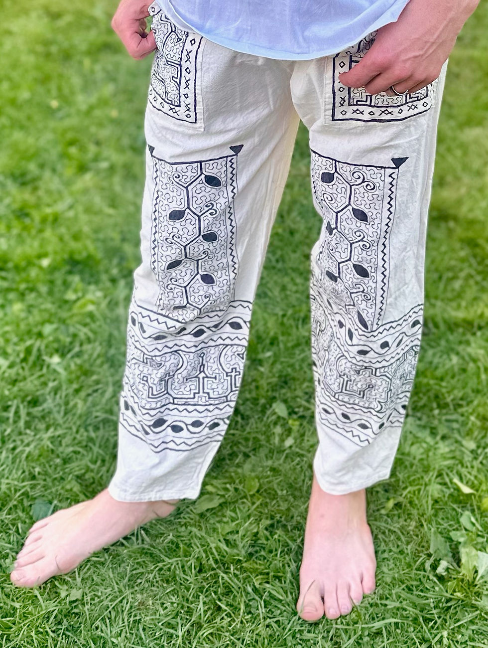 Thumbnail: Hand painted Shipibo pants  leg view