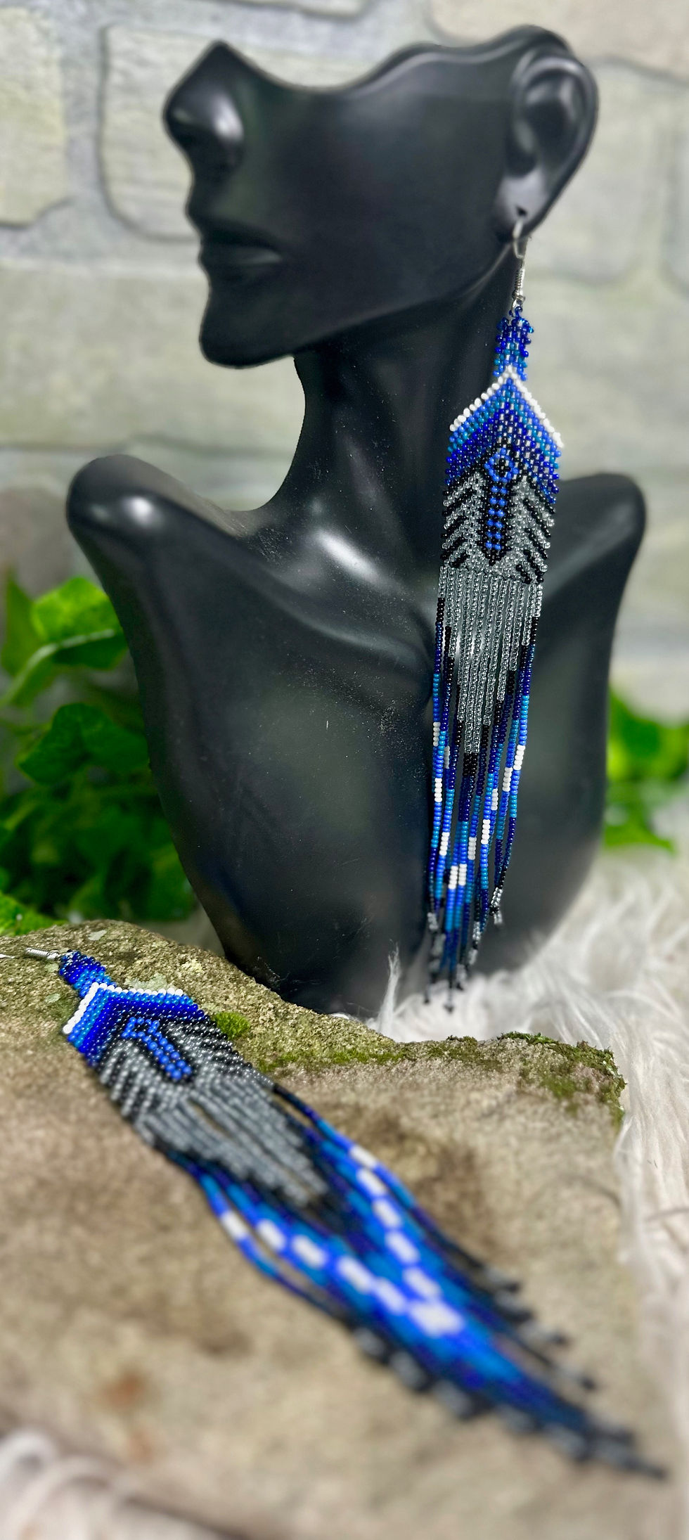 silver & blue long beaded Yawanawa earrings on Model