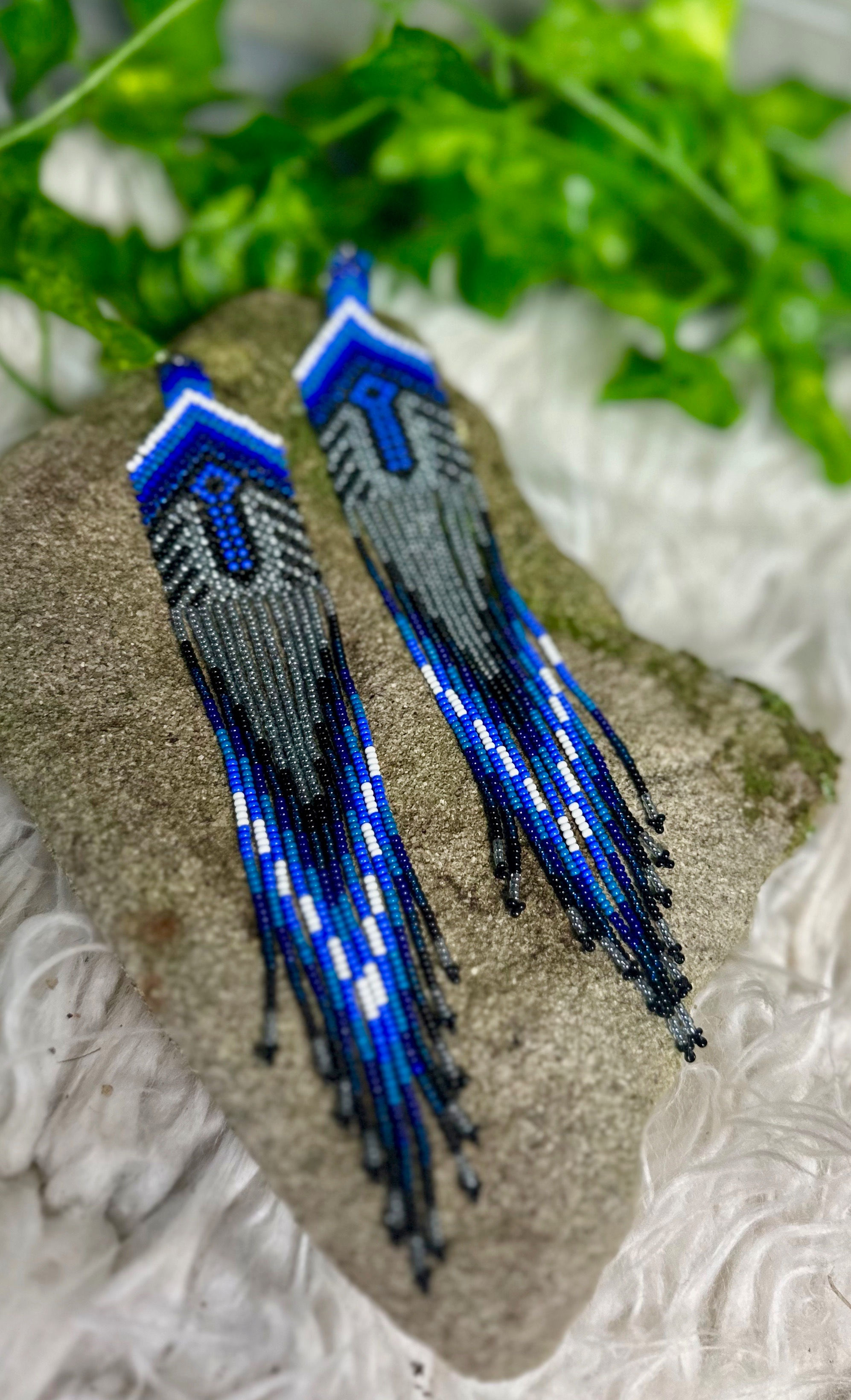 silver & blue long beaded Yawanawa earrings pair