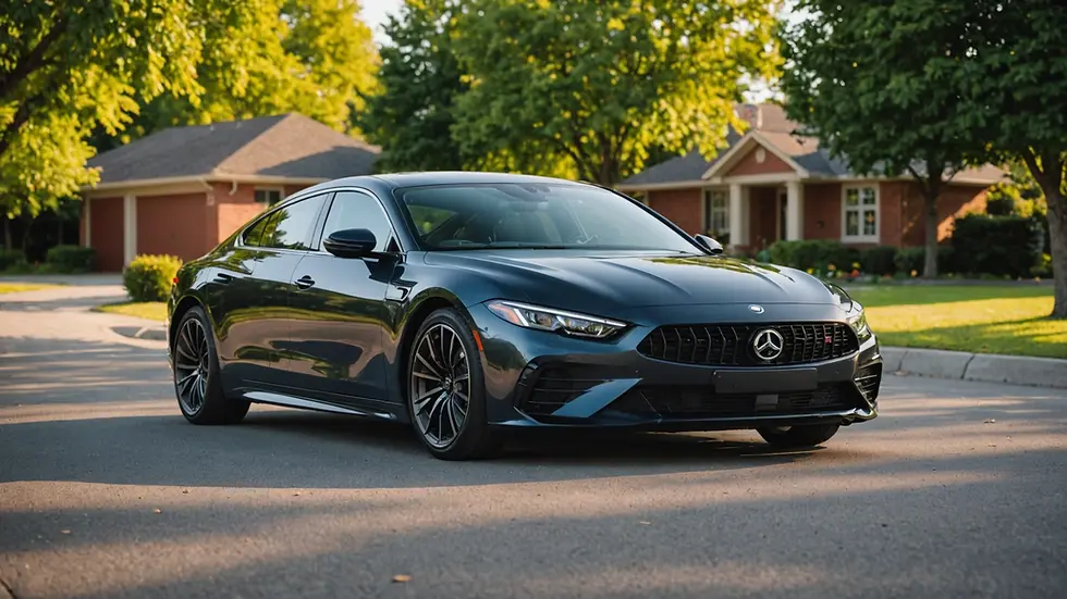 An image showing a well-detailed car parked in a driveway both exterior and interior clean with tires shining