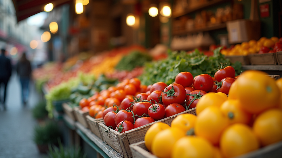 Close-up view of a traditional Italian market stall with fresh produce