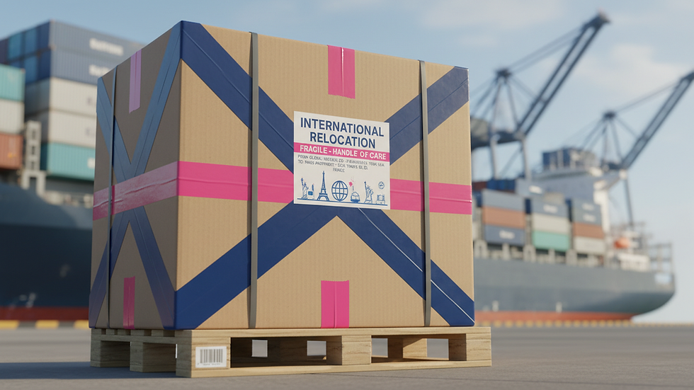 Eye-level view of a packed moving box ready for international shipment