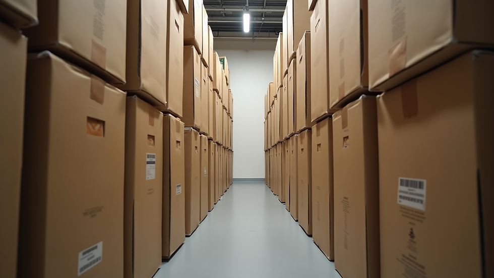 Eye-level view of packed moving boxes stacked neatly in a storage room