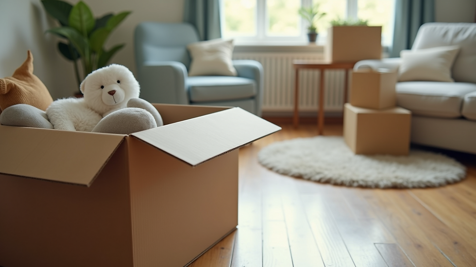 Close-up view of a neatly packed moving box with household items