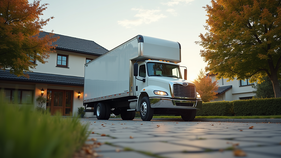 Eye-level view of a moving truck parked outside a house