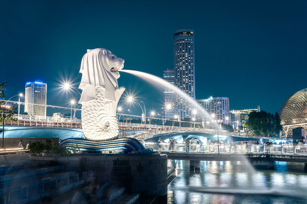 Merlion statue spouting water at night in Singapore, with lit skyline, bridge and reflections on the bay.
