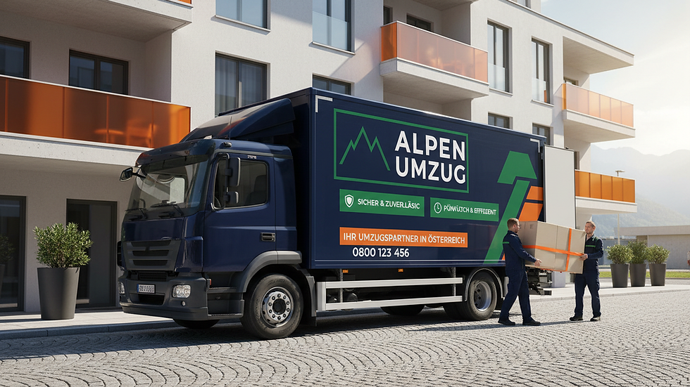 Eye-level view of a moving truck parked outside a modern Austrian apartment building