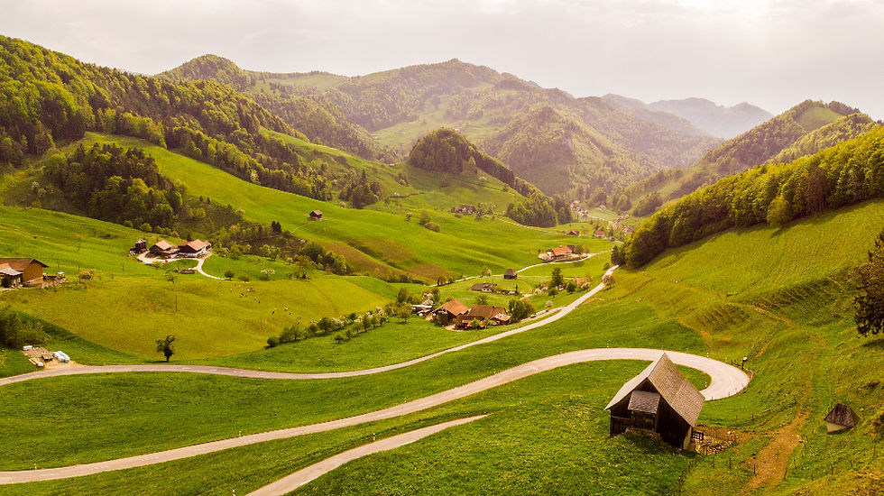 Sunlit green valley with winding roads, scattered farmhouses, and forested mountains under a hazy sky.