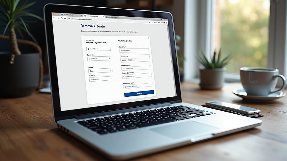 High angle view of a laptop screen showing an online removals quote form