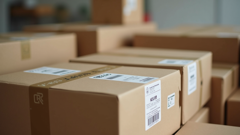 Close-up view of packed boxes labelled for international shipping