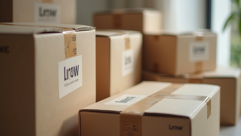 Close-up view of neatly packed and labelled moving boxes